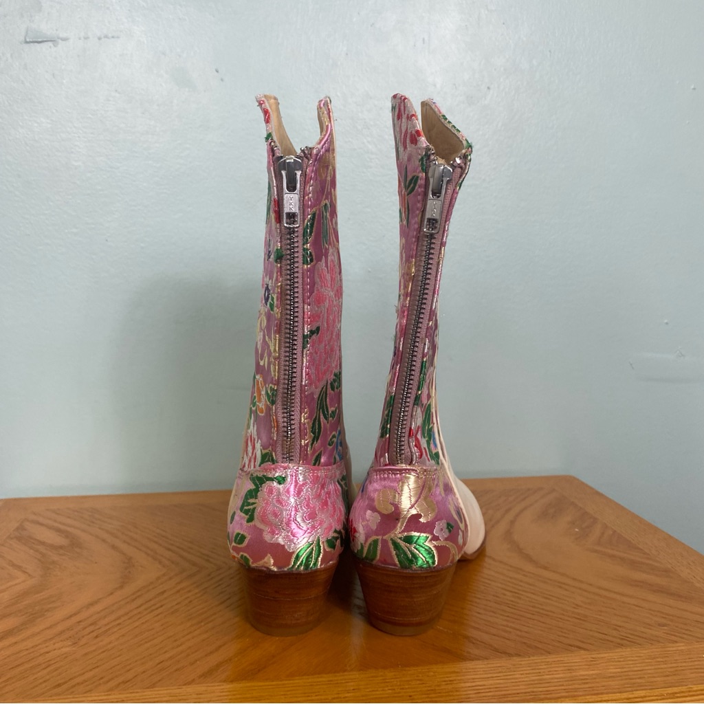 Momo New York Selina Western Silk Leather Boots Cowboy Size 11 Floral Pink Cream — image 7 of 8